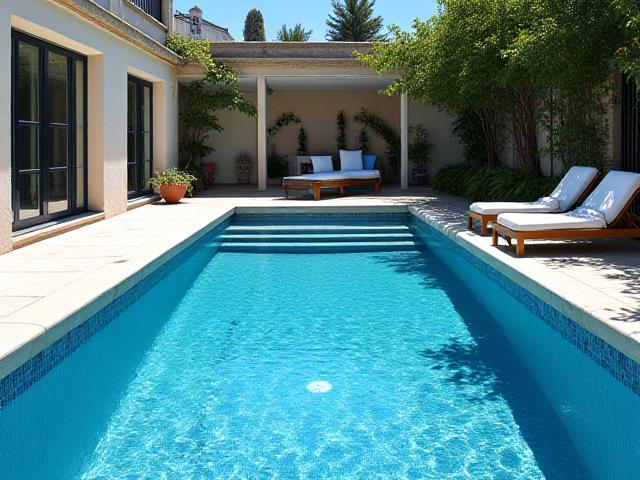 Restauración de piscina clásica con mosaicos azules y piedra caliza
